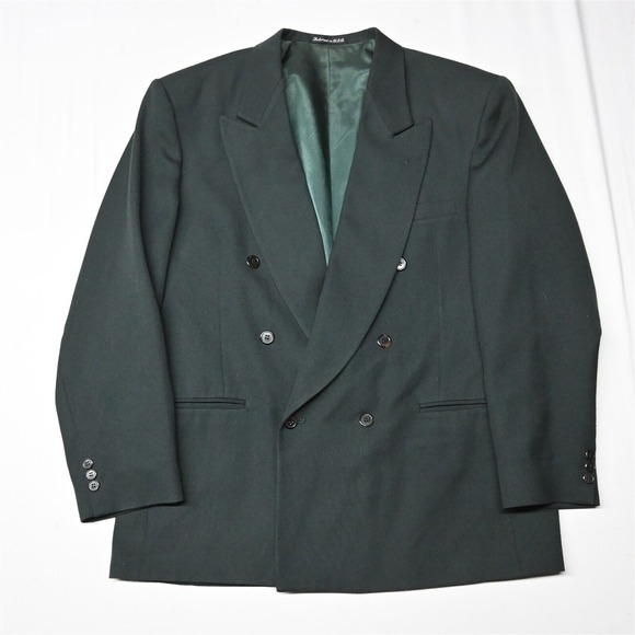 Vtg Cellini 44R Green USA Made Double Breasted Peak‎ Lapel Jacket Sport Coat